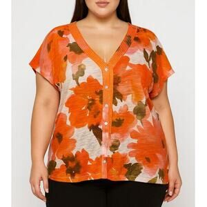 Joie Linen Lyocell Top V Neck Buttons Cap Sleeves Floral Orange Size‎ 2X